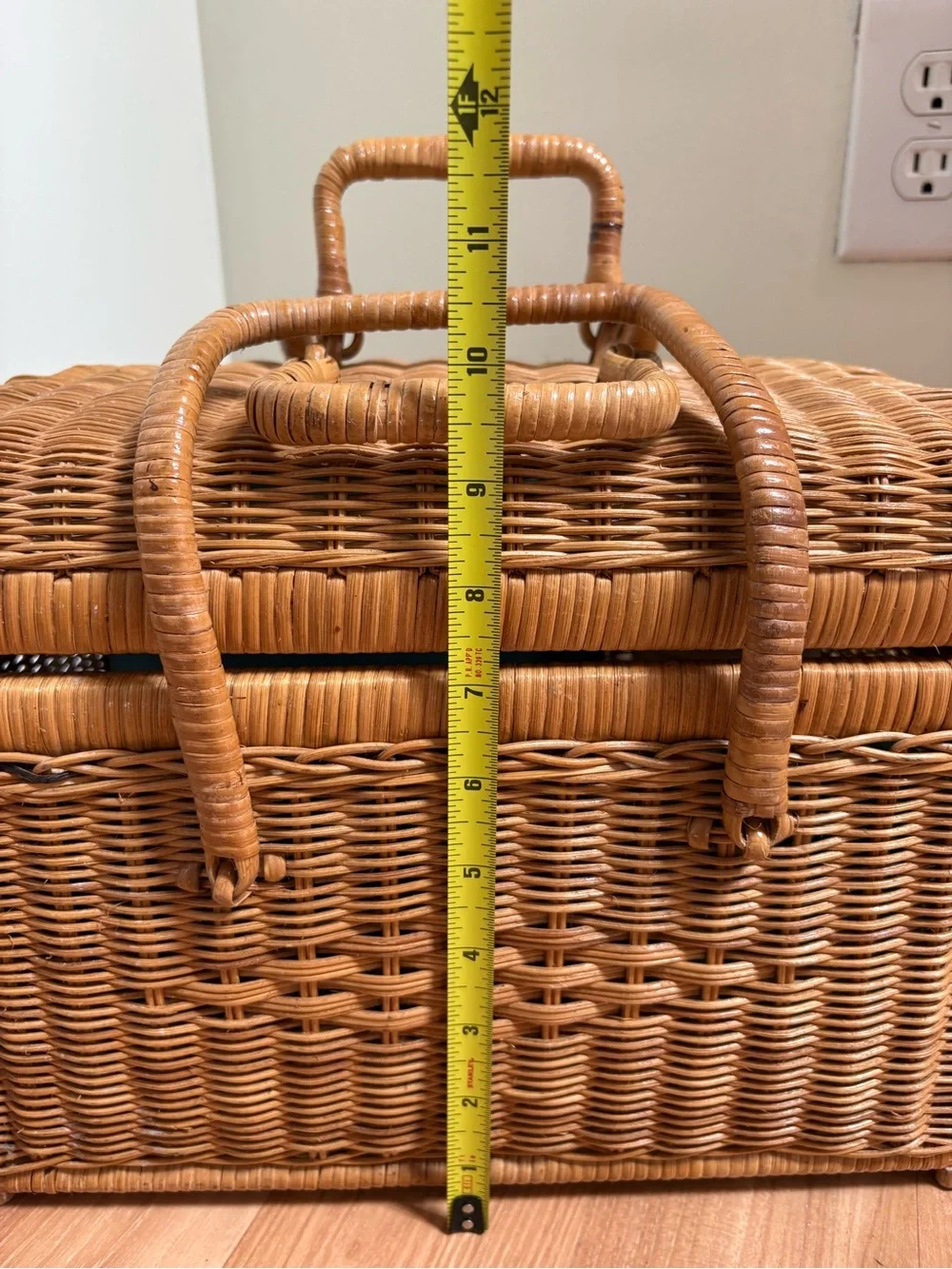Woven Rattan Picnic Basket with Light Blue Tableware for 2
